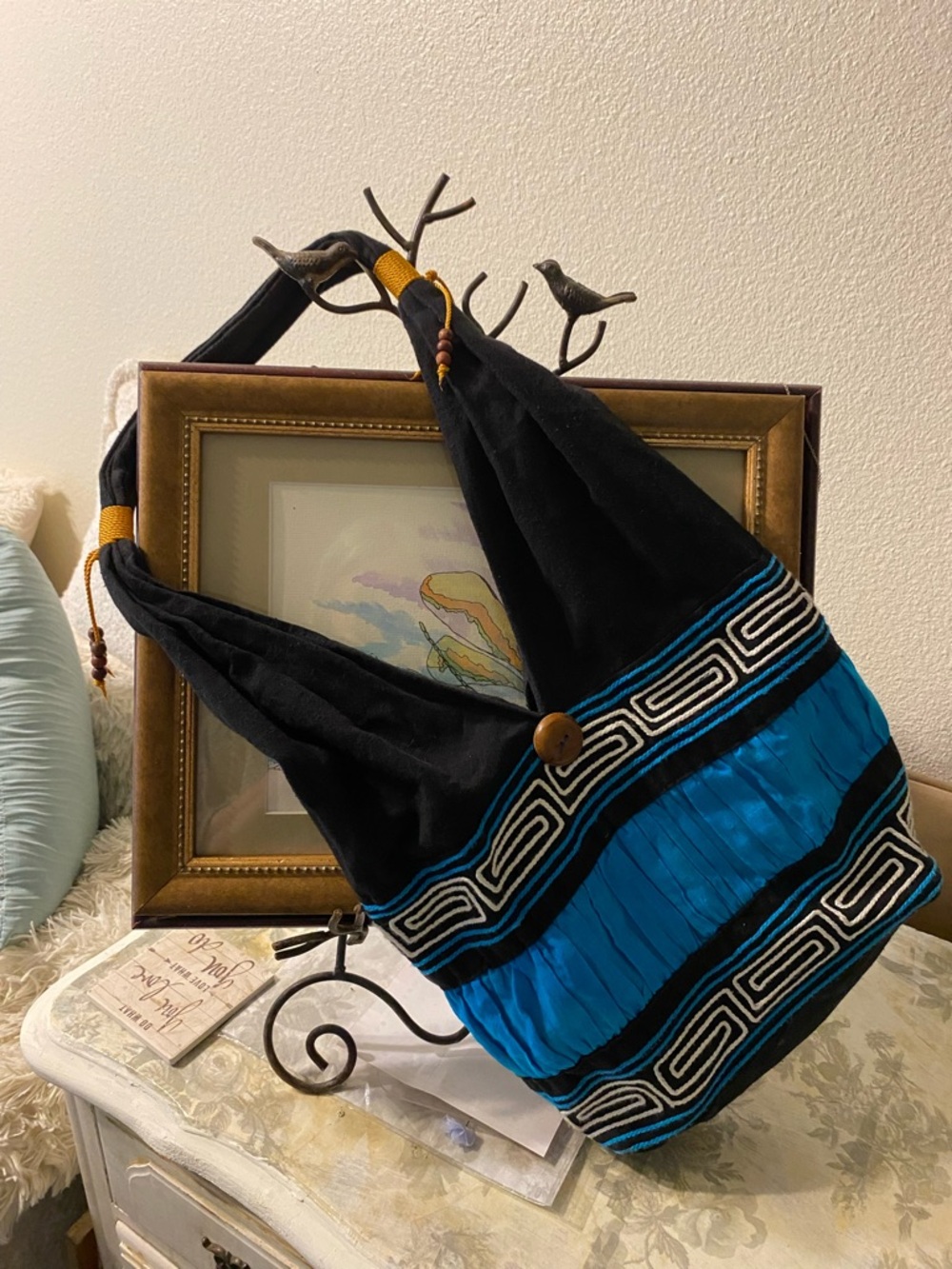 Black and Teal Boho Shoulder Bag with Decorative Trim - Picture 9 of 9